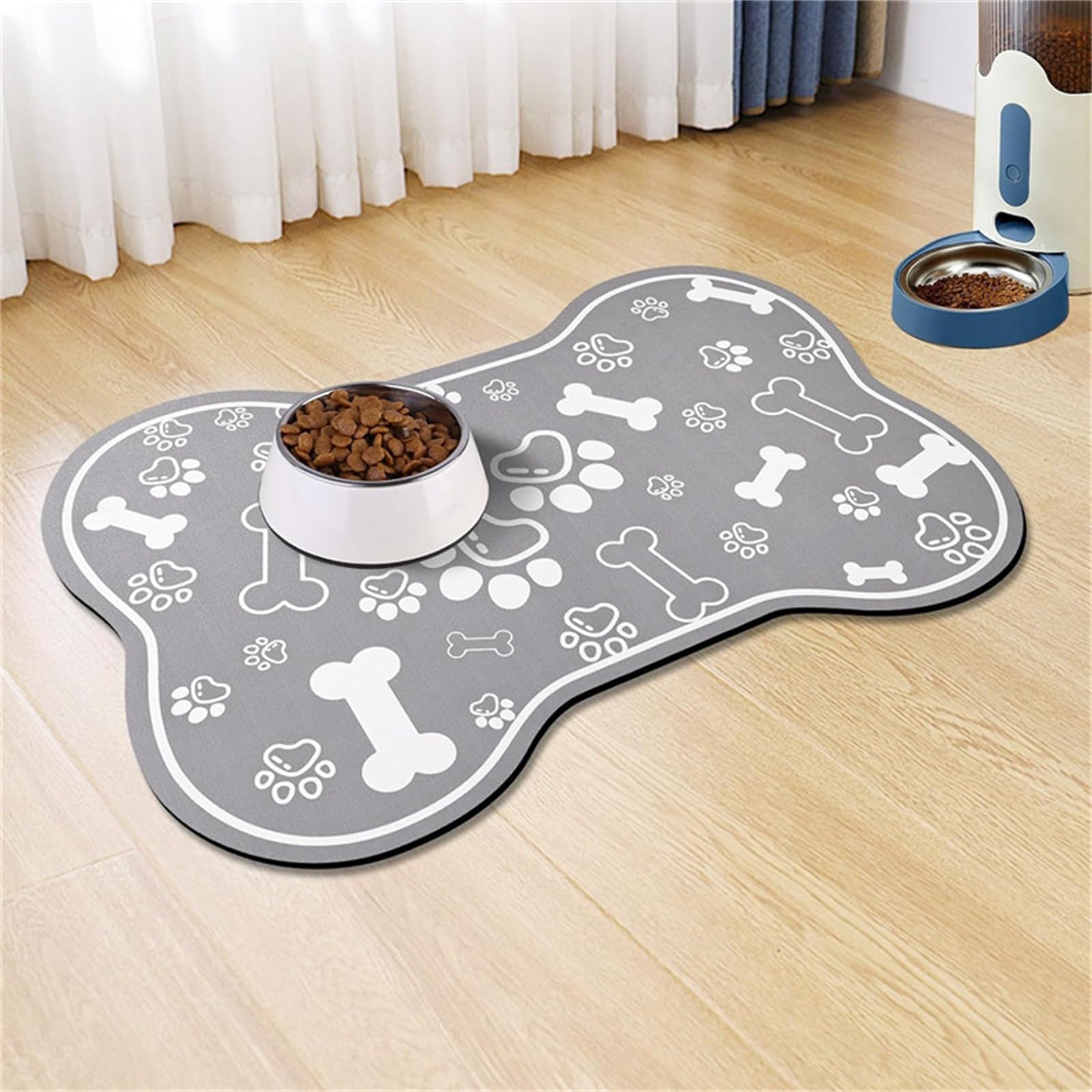 Mateju Dog Food Mat, Absorbent Quick Drying Pet Feeding Mat for Food and Water, Cute Puppies & Kittens Bowls, Non-Slip (Grey,30x40cm)