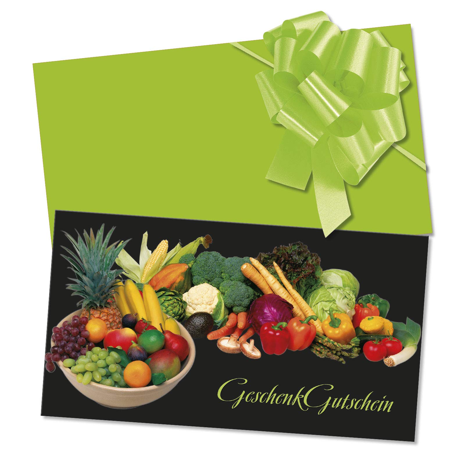 Gutschein-Set. 50x Gutschein + Kuvert + Schleife. Für Obst-Geschäft Gemüse-Geschäft, blanko zum selber Ausfüllen.