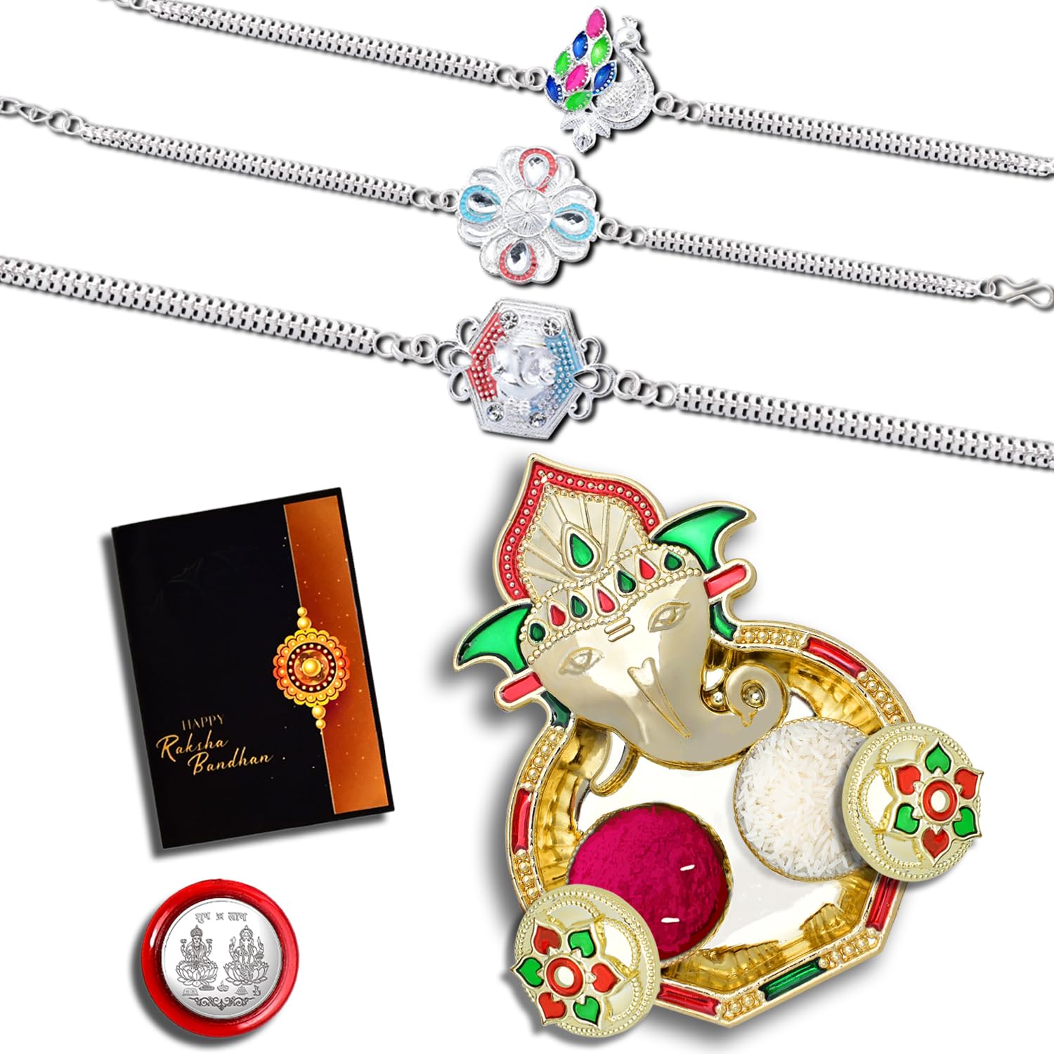 Periapt Rakhi Combo with (K3_C33+D10+D11_AA3) with Pooja Coin, Shri Ganesh Pooja Thali / Tilak Set & Greeting Card Rakhi with plate | rakhi thali set | rakhi in silver | rakhi hamper | handmade rakhi | rakhi for brother kids | rakhi for brother and b (B0CCY8G5N7) Amazon Price History, Amazon Price Tracker
