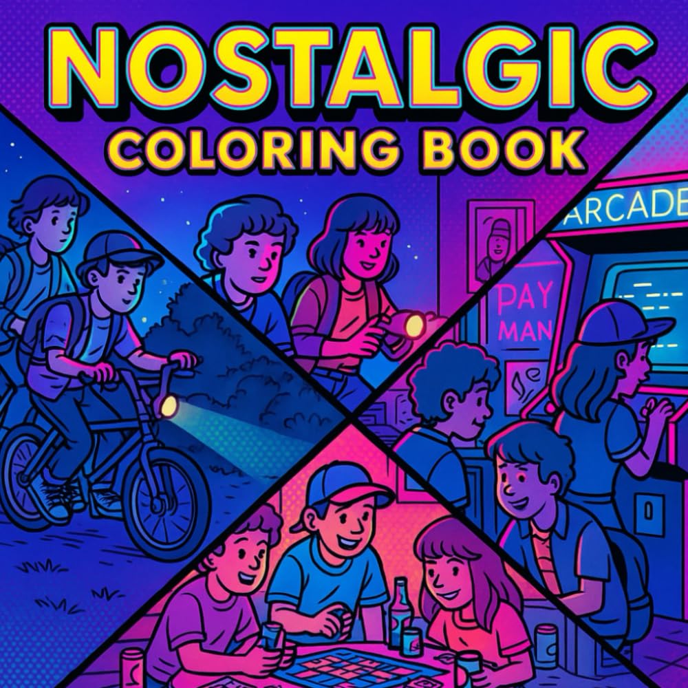 Nostalgic Adventure Coloring Book: 80s & 90s Kids on Bikes, Arcades & Small-Town Mysteries