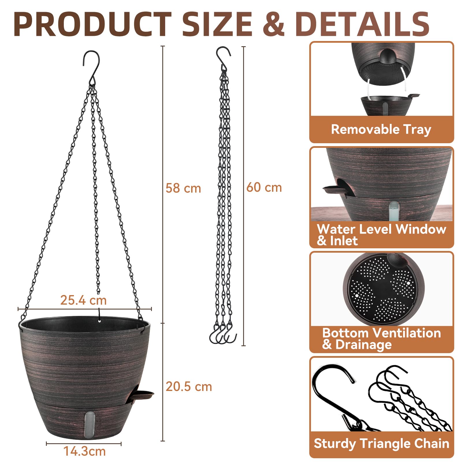 ZMTECH Lot de 2 pots de fleurs à suspendre en plastique avec entrée d'eau auto-irrigation et soucoupe pour intérieur et extérieur Bronze 25 cm