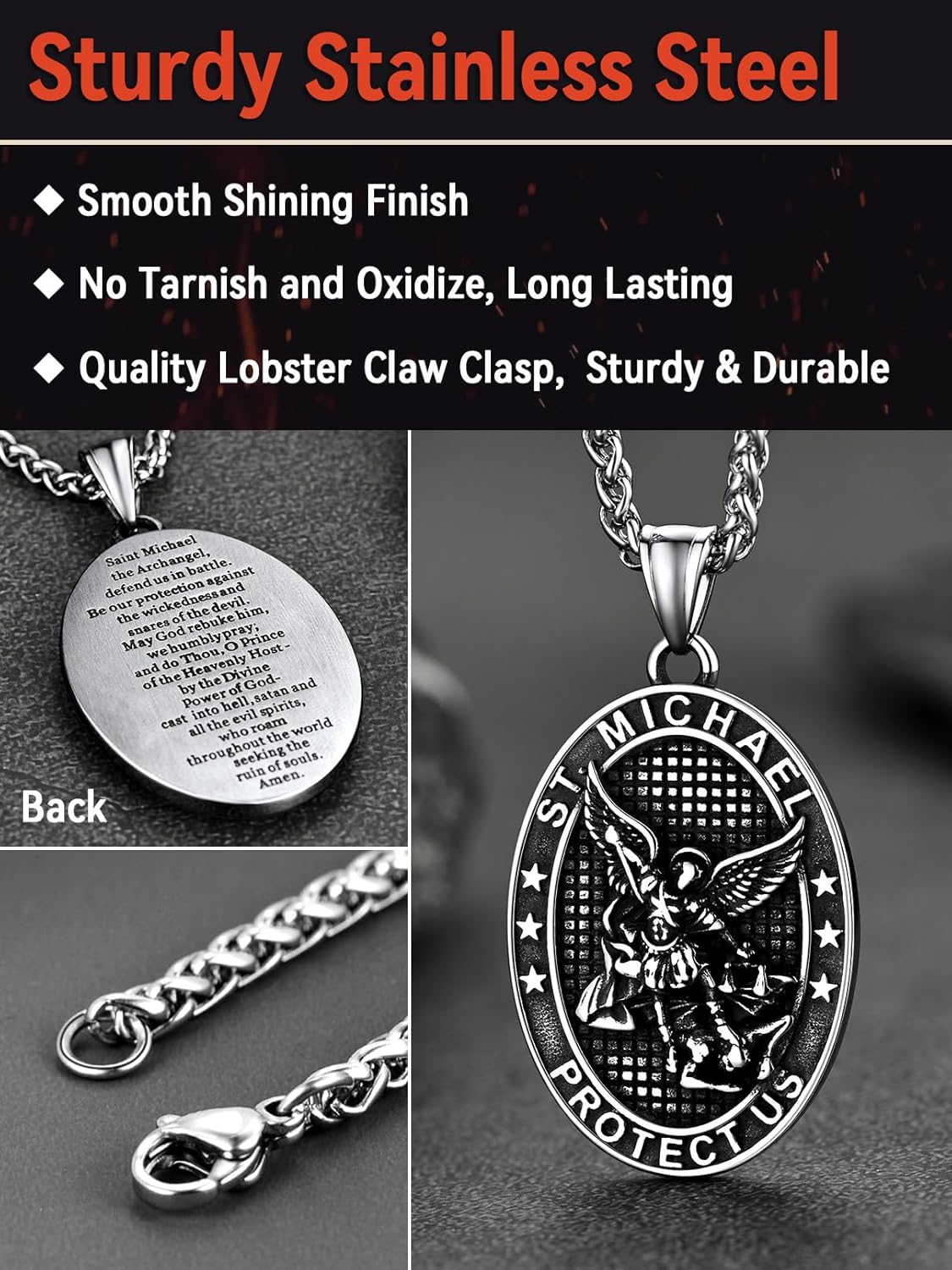 FaithHeart Saint Michael Necklace, Stainless Steel/18K Gold Plated St Michael the Archangel Pendant Amulet for Men Women with Gift Packaging - Image 3