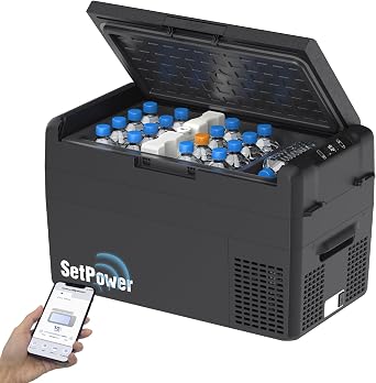 Setpower RF25 6.5 gal 25 L Portable Car Refrigerator, Rapid Freezing -4 F to 68 F -20 C to 20 C, Includes Ice Pack for 50 Hours, App Control, Low Operating Noise, Rapid Freezing, 3-Way Power Supply, DC 12V/24V AC 100V for Home, Sleeping in Car, Outdoors, Camping, Black