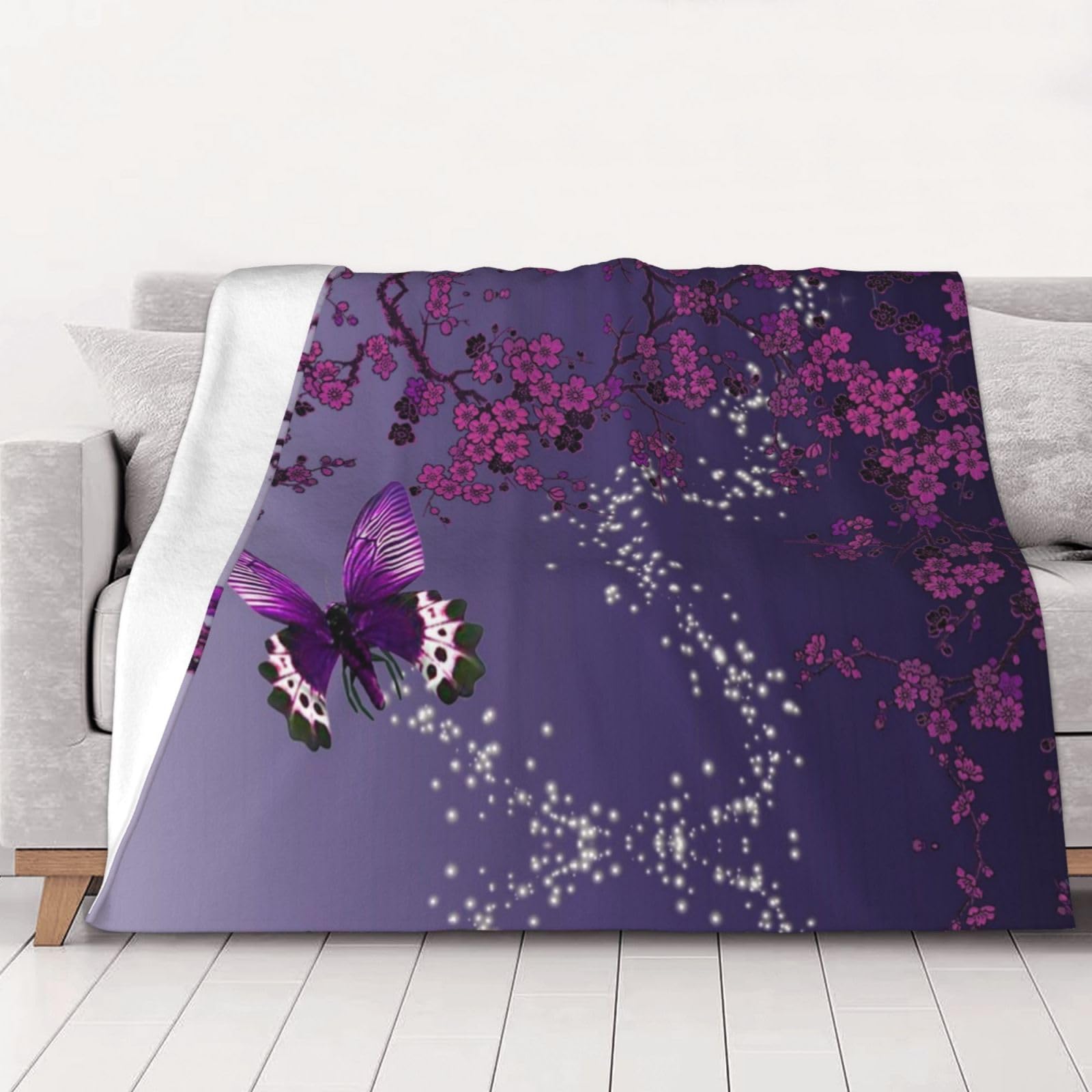 Purple Plum Butterfly Printed Flannel Throw Blanket, Fluffy Blanket Bed Throw For Bedroom, Sofa, Couch, Travel 150x200 Cm