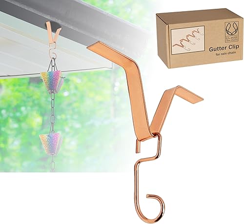 U-nitt Gutter Clip for Rain Chain Installation DIY | Gutter Adapter for Roof Downspout Chain | Water Collection | Copper Plated 4 PK, Heavy Metal, 6 X 5 inches, Adjustable, Fits 2 in Gutter Hole