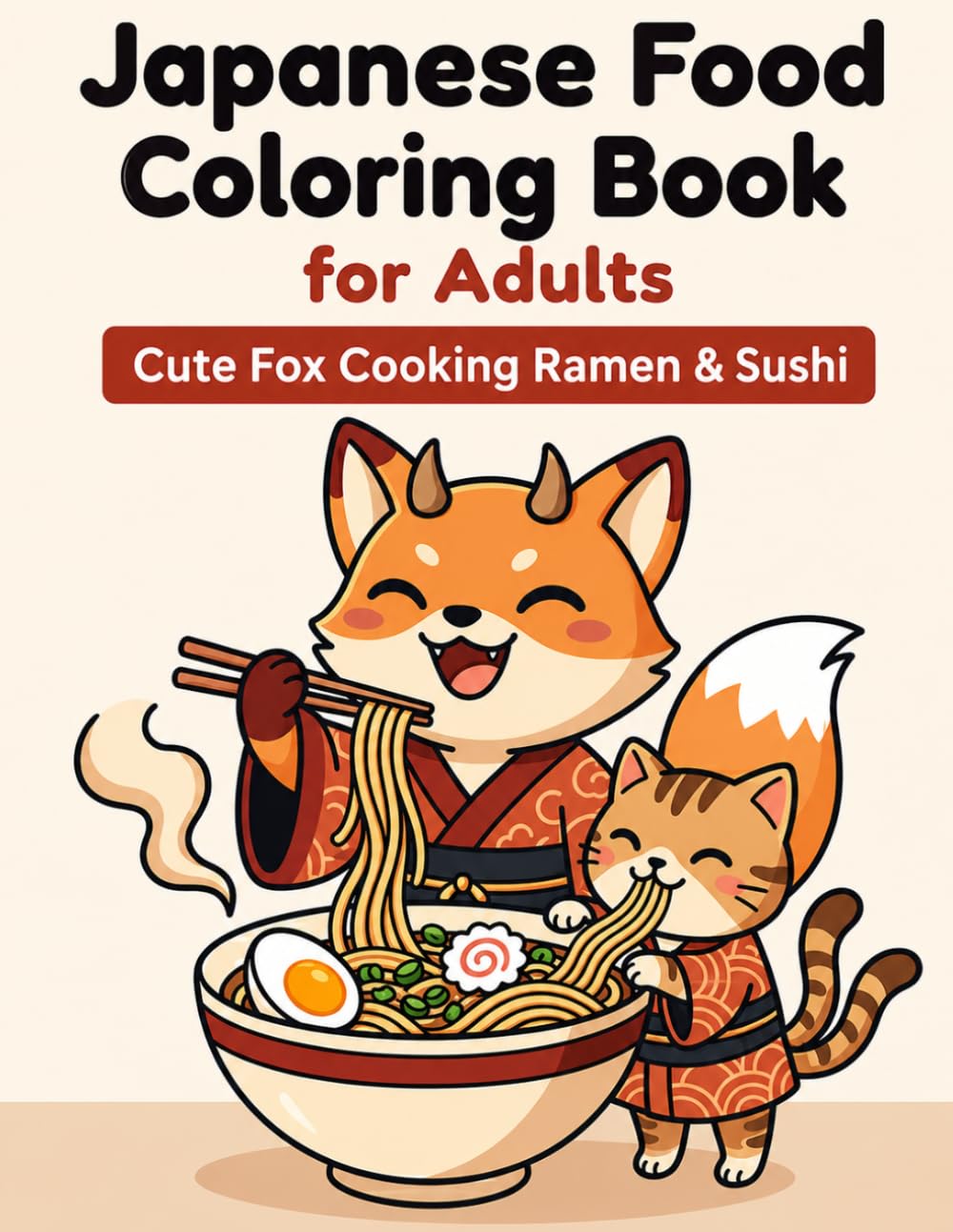 Japanese Food Coloring Book for Adults: Cute Fox Cooking Ramen, Sushi & Sweets: Kawaii Kitsune & Nekomata Cozy Food Scenes for Relaxation and Stress Relief (Kawaii Japanese Fox yokai Coloring Book)