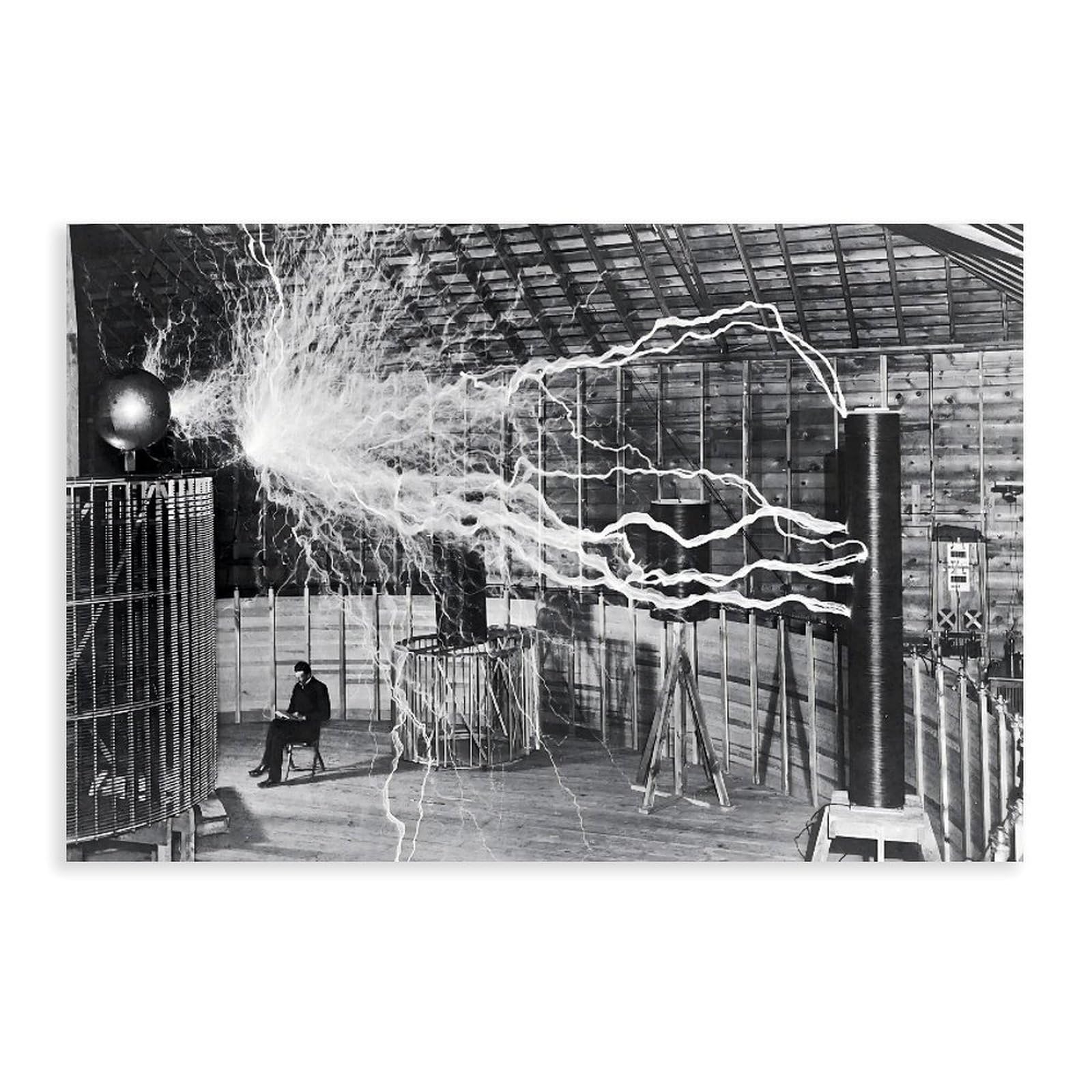 Nikola Tesla Lab Electricity - Póster de fotos vintage para decoración de pared, bar, restaurante, garaje, cafetería, regalo, sin marco, 60 x 90 cm