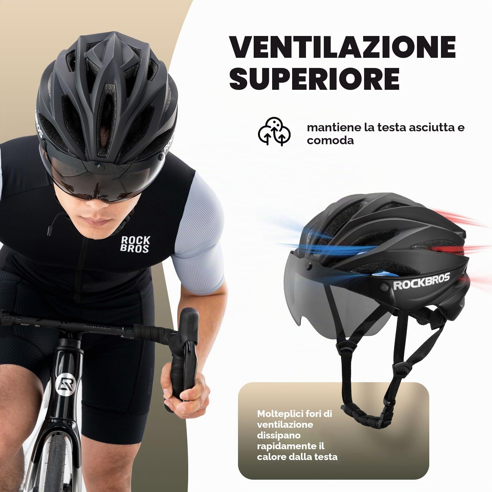 ROCKBROS Casco Bici con Visiera Magnetica Rimovibile Traspirante Uomo Donna | con Occhiali Protettivi Magnetici, Casco MTB per Monopattino Elettrico Bici da Corsa, Scooter