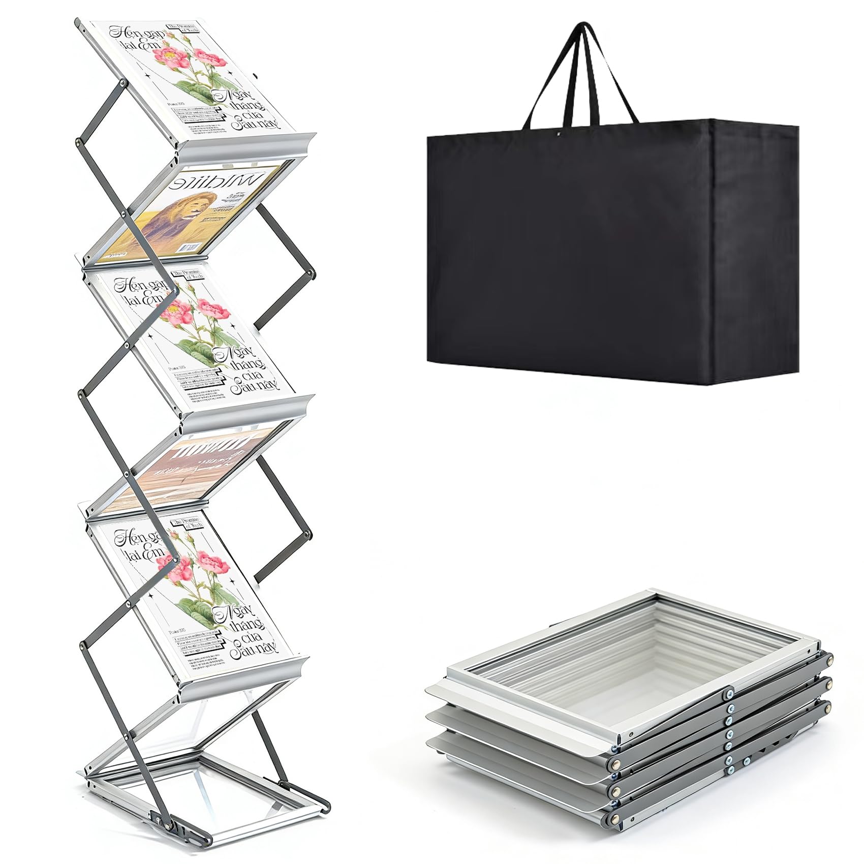 6 Pockets Aluminum Foldable Magazine Rack Floor, Brochure Magazine Display Stand, Brochure Holder, Literature Rack with Carrying Bag for Trade Shows, Exhibition, Office, Retail Store