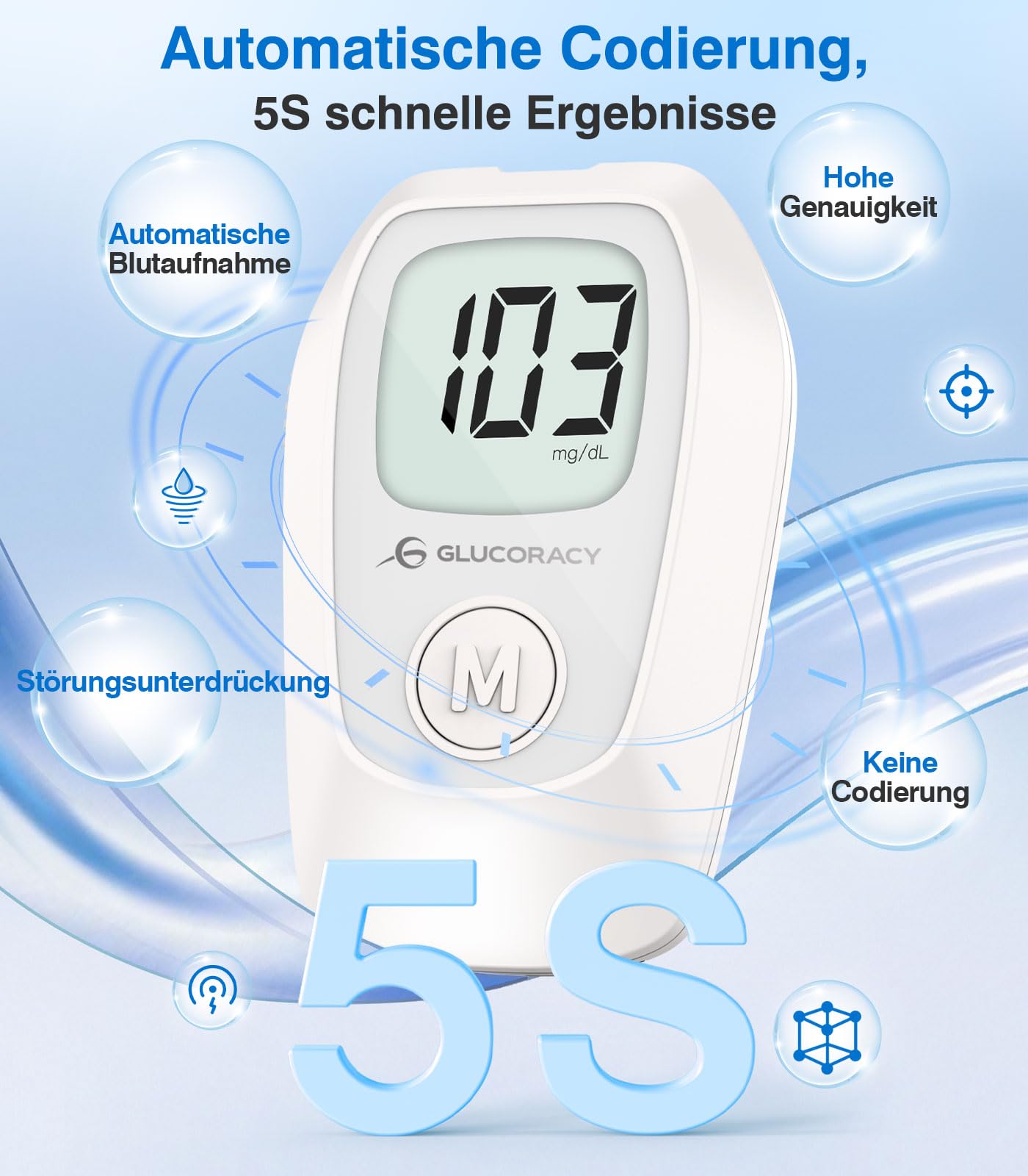Glucoracy G-425 Blutzuckermessgerät-Set, Blutzuckertest-Set mit Stechhilfe, 100 Teststreifen und 100 Lanzetten, Glukosemessgerät für zu Hause, Diabetes-Selbsttest-Set für den Heimgebrauch