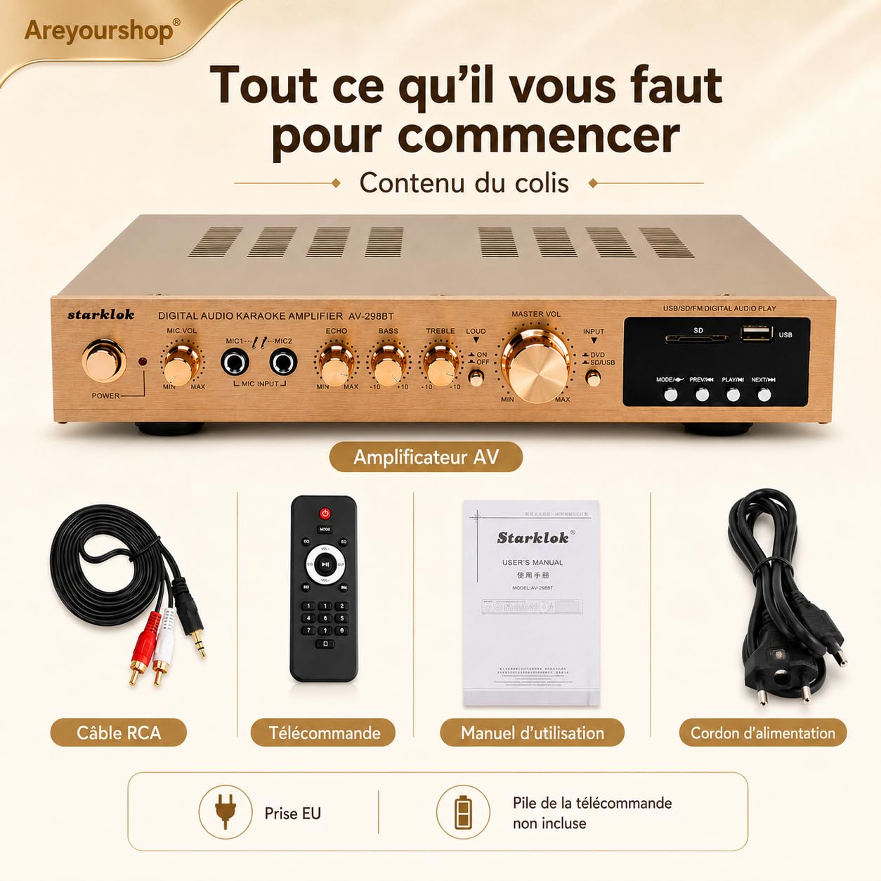 Amplificateur stéréo HiFi 2000 W, ultra fin, 5 cm, en aluminium, amplificateur audio surround AV surround, Bluetooth 5.0, home cinéma, lecture SD/USB, FM Radi