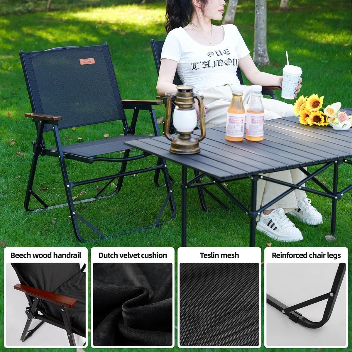 Folding Beach Back Cushion Picnic Thickened Mat Camping Picnic Chair Set(Black Set)