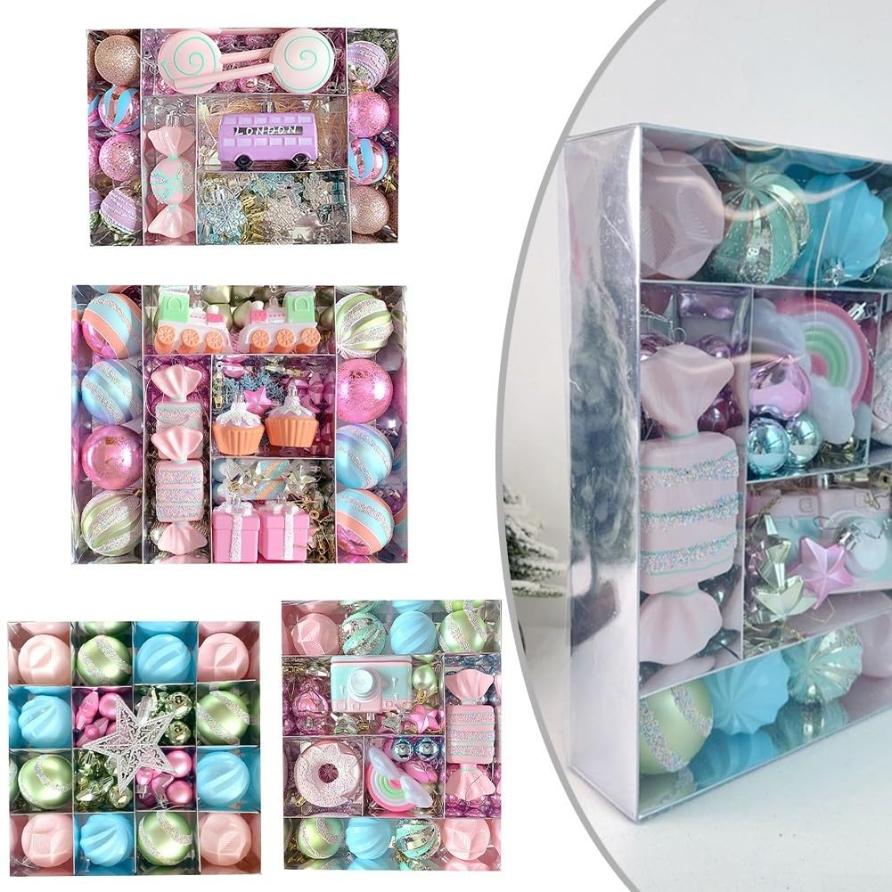 Dekoratives Anhänger-Set mit Macaron-Designs, bezaubernde Weihnachtskugeln mit Süßigkeiten- und Schneeflocken-Formen für Cheer (80 Stück)
