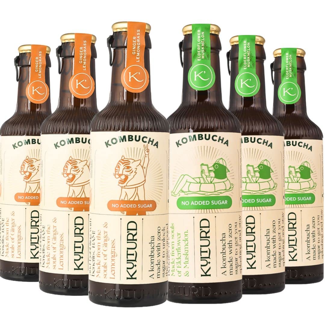 Kombucha - Ginger Lemongrass, Elderflower Muskmelon (No added sugar), Pack of 6 | Fermented, All natural, Gut Healthy Drink |6 x 220ml | Vegan, Preservative free, Low calorie, Zero Sugar