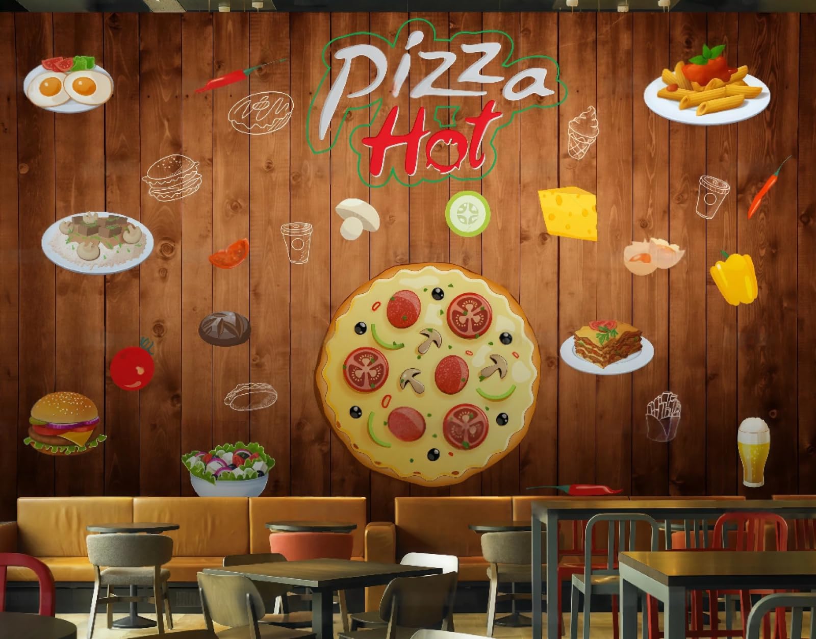 XDOUBAO Wallpaper Retro Nostalgic Wooden Board Delicious Pizza Shop Cuisine Afternoon Tea Coffee Shop Background Mural Western Restaurant Wallpaper,3D,400x280cm