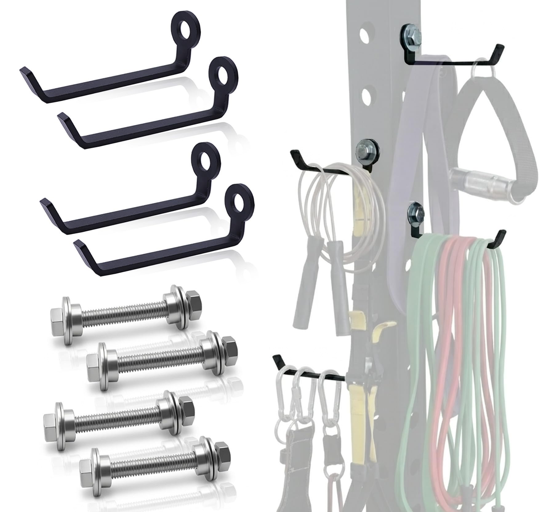 J Bryant Squat Rack Storage Hooks for 5/8" & 1" Holes, Powder Coated Steel Rack Hangers with Spacer, Gym Organizer for Cable Attachments, Resistance Bands & Accessories (Black(4 Pack))