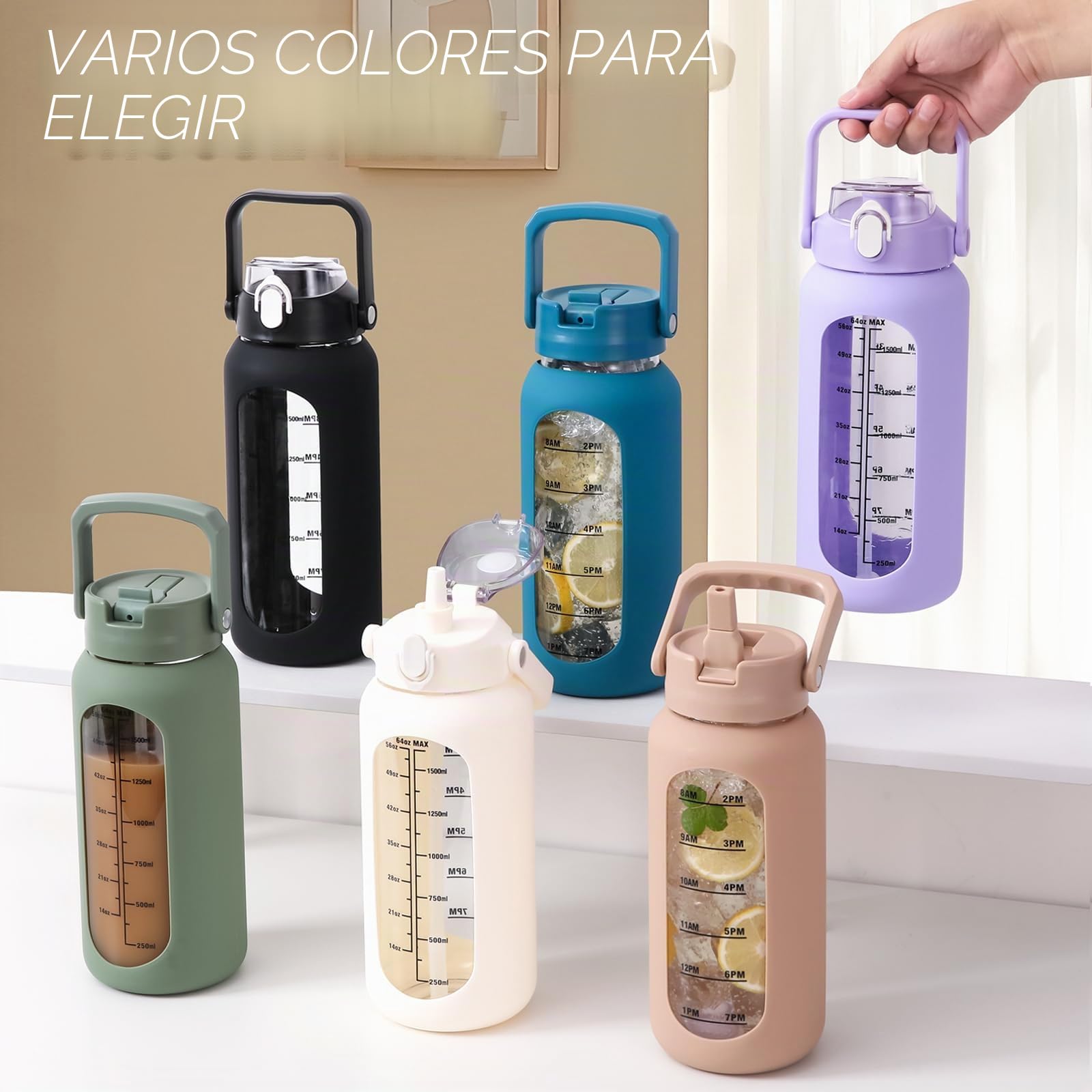 Botella de agua de 2L de vidrio con 2 tapas, tapas abatibles y de sorbos, jarra grande de 2 litros con marcador de tiempo y funda de silicona, libre de BPA, a prueba de fugas para deportes