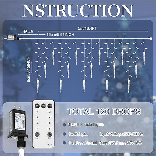Miniatura 2 de Luces LED de carámbano de Navidad de 59 pies con 720 luces LED para exteriores, 8 modos, impermeables, con 120 gotas, luz parpadeante de hadas con