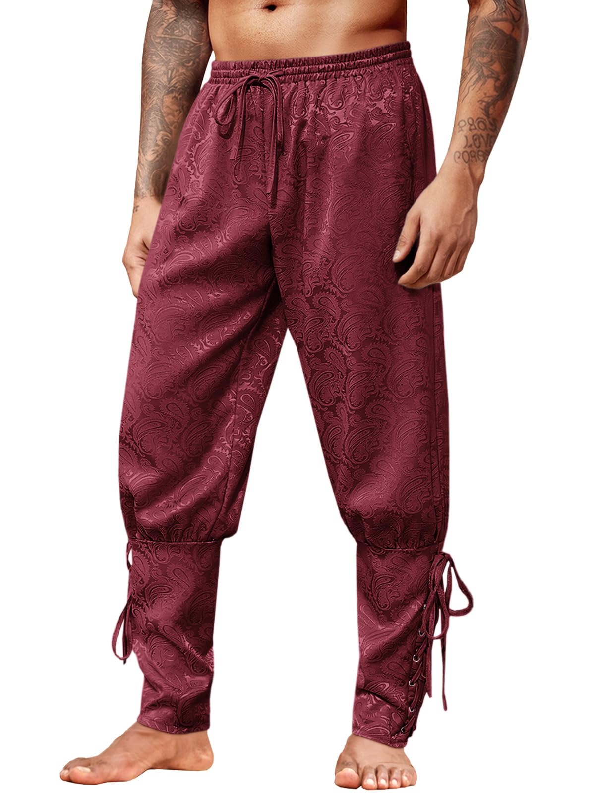Runcati Mens Medieval Ankle Pants Renaissance Viking Pirate Lace Up Steampunk Victorian Halloween Costume Printed Trousers