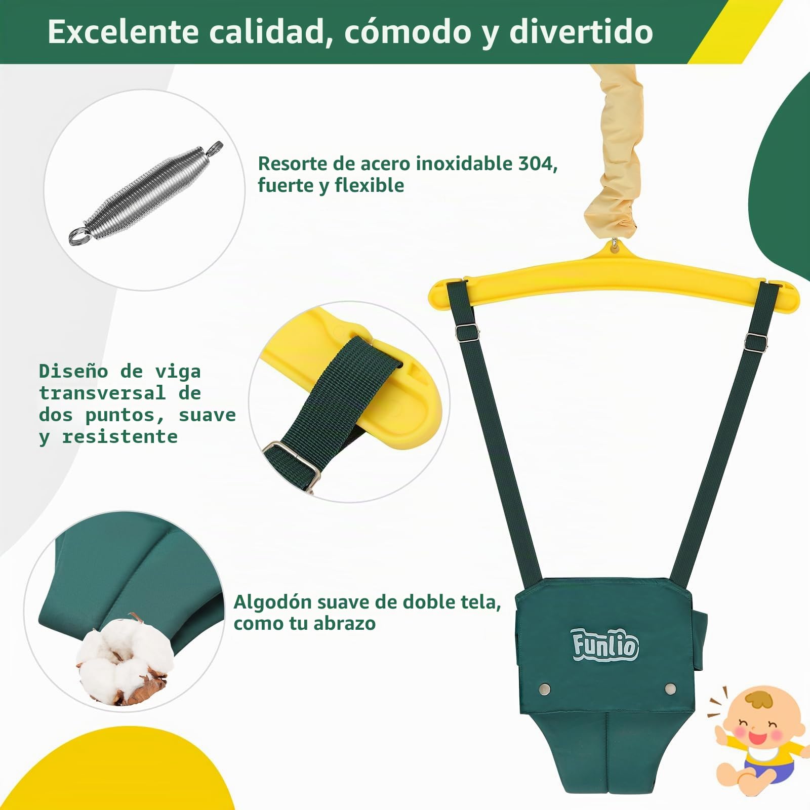 FUNLIO Saltador de Puerta con un Gancho de Techo para bebé （6-24 Meses Juego de Ejercicio de Columpio para Jugar en Interiores/Exteriores para bebé, con Cadena Ajustable, fácil de Montar - Verde
