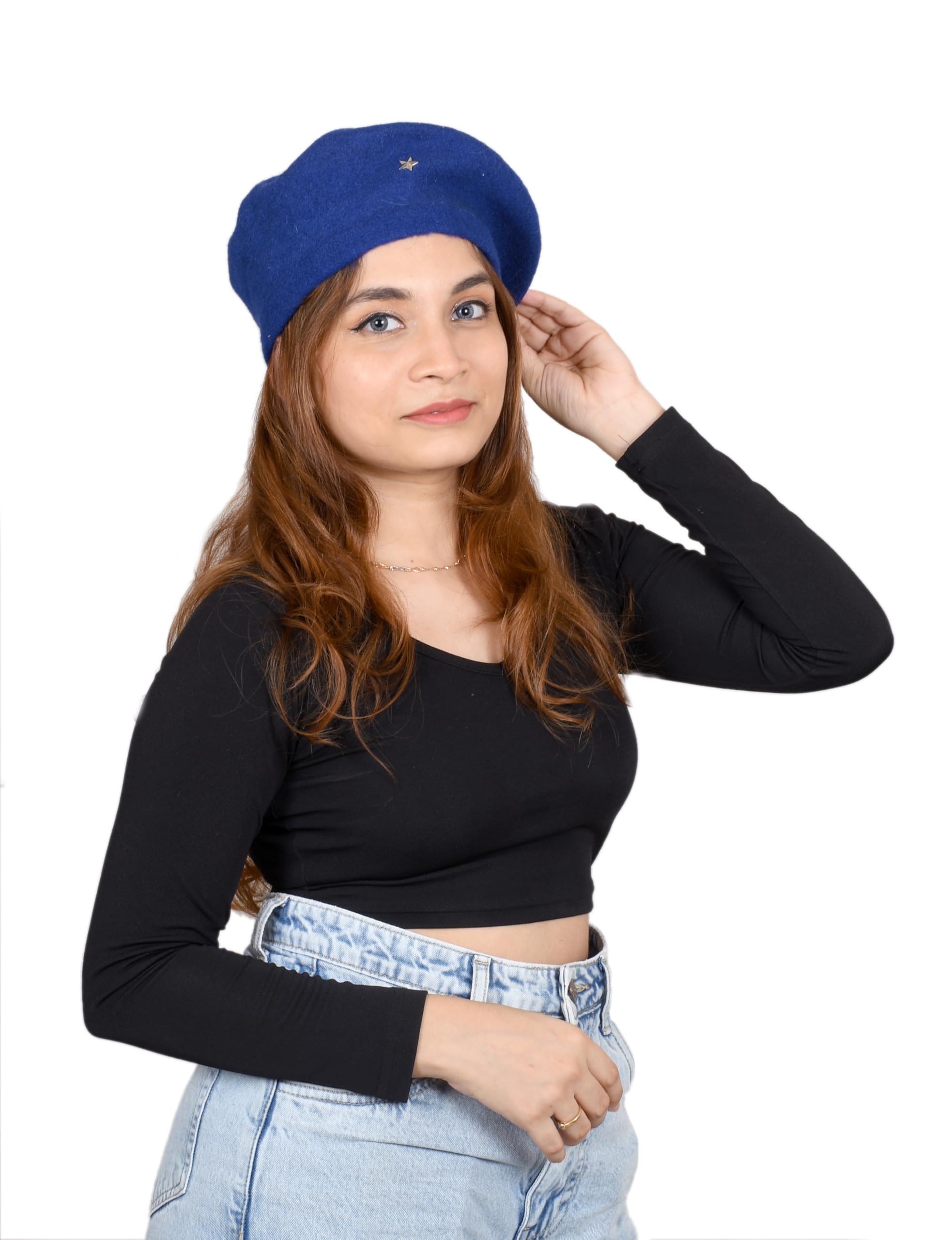 SOUL eTHICS Women's Premium Wool Blend French Artist Beret Cap - Stylish, Warm & Classic - Elegant Winter Beanie Hat for Girls & Ladies -Free Size (in, Alpha, Free Size, Blue, Star) - Image 6 thumbnail