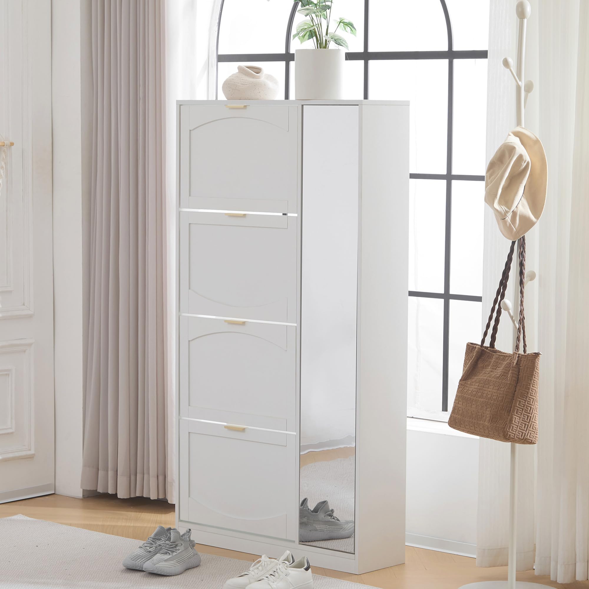 Muskel Zapatero con espejo y 4 compartimentos plegables – Armario de pasillo moderno con estantes ajustables – Zapatero para entrada o sala de estar – Blanco B80 × 24 × H 147 cm