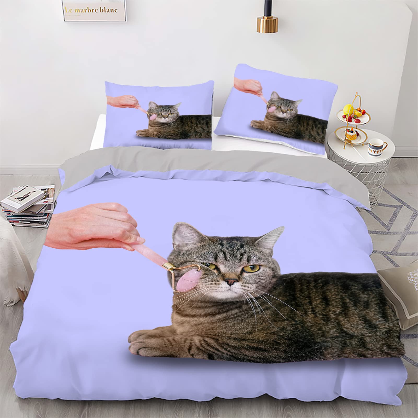 Parure de lit enfant chat violet housse de couette microfbre 90x190 avec taie