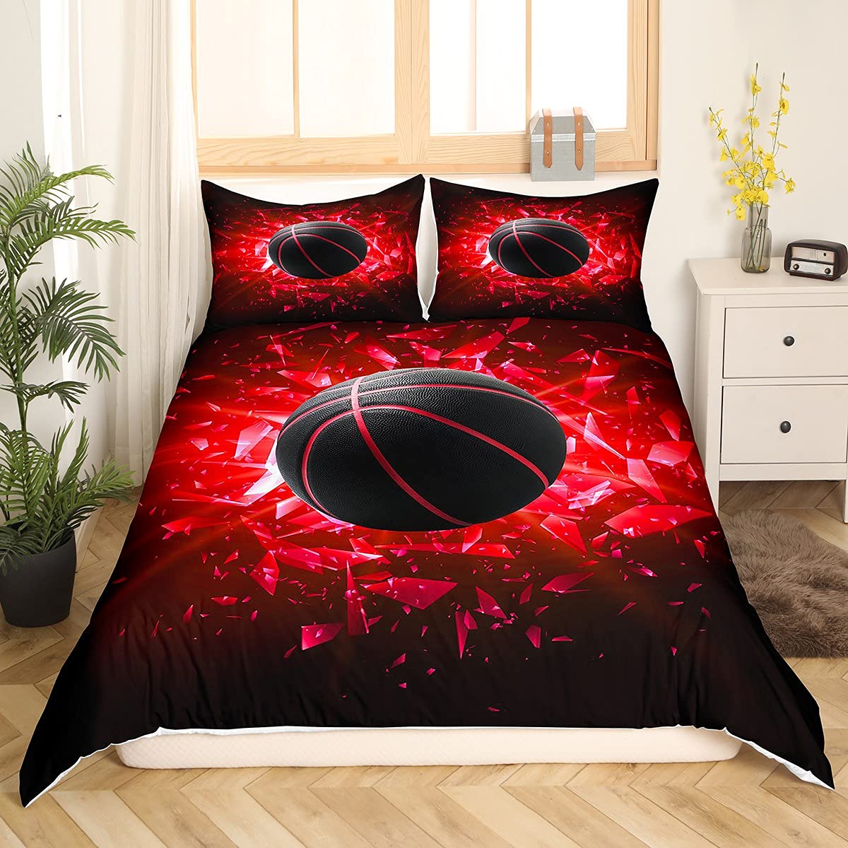 Set di biancheria da letto con copripiumino 3D a tema pallacanestro, per bambini e ragazzi, per letto singolo, motivo hobby competitivo, morbido, decorativo, per camera da letto di ragazzi