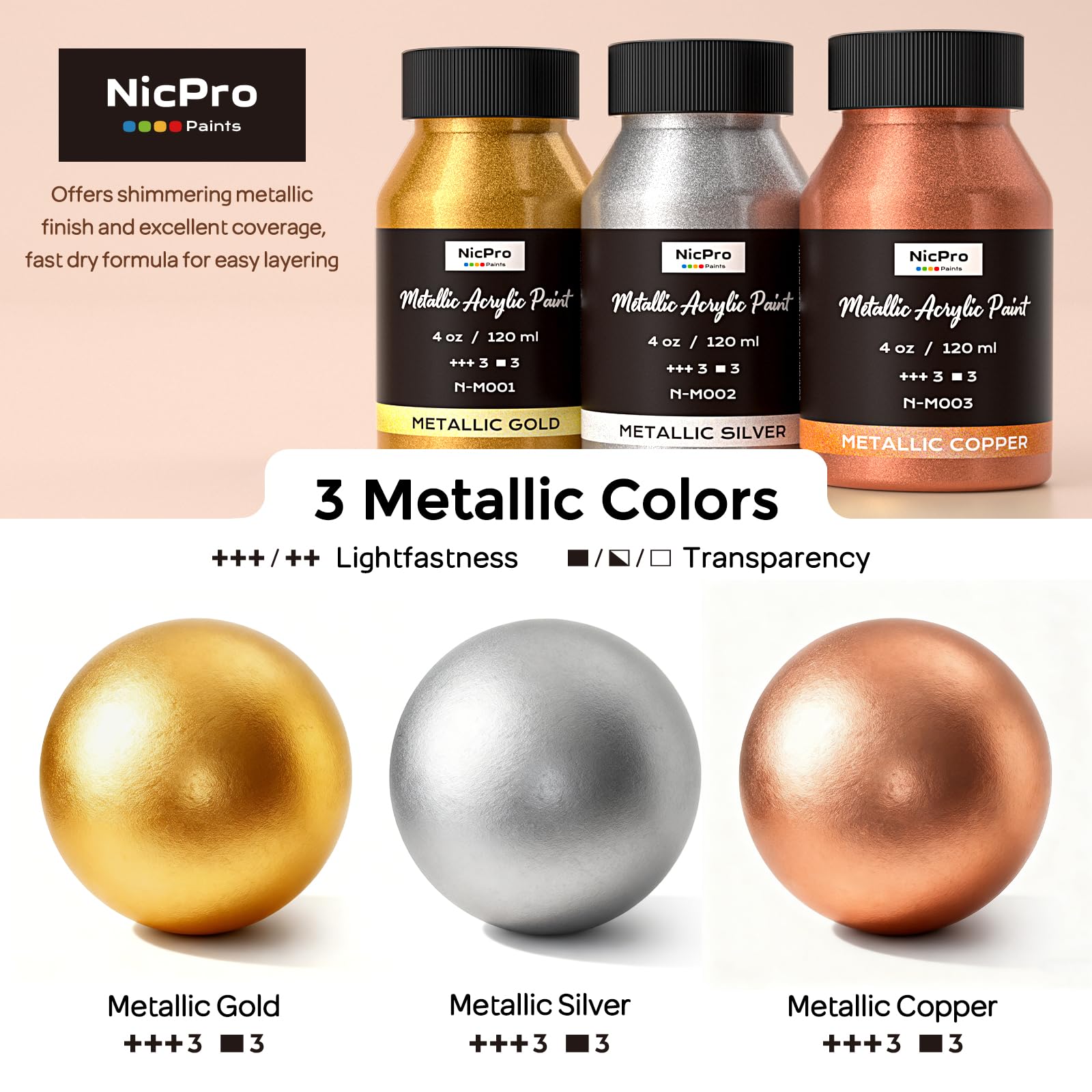 peinture acrylique métallique 120 ml/bouteille, peinture acrylique or & argent & cuivre 3 couleurs, non toxique, pour Métal, Bois, L'Argile, Meubles, Loisirs Créatifs et Fournitures Artistiques