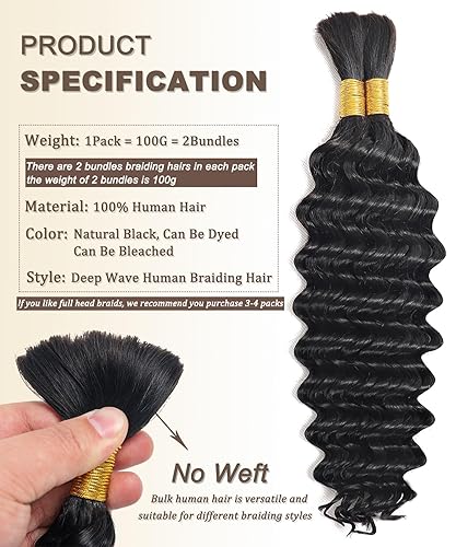 Miniatura 2 de Cabello humano a granel para trenzar, paquetes de cabello humano rizado 12A para mujeres negras, 18 pulgadas, onda profunda, sin trama, trenzas