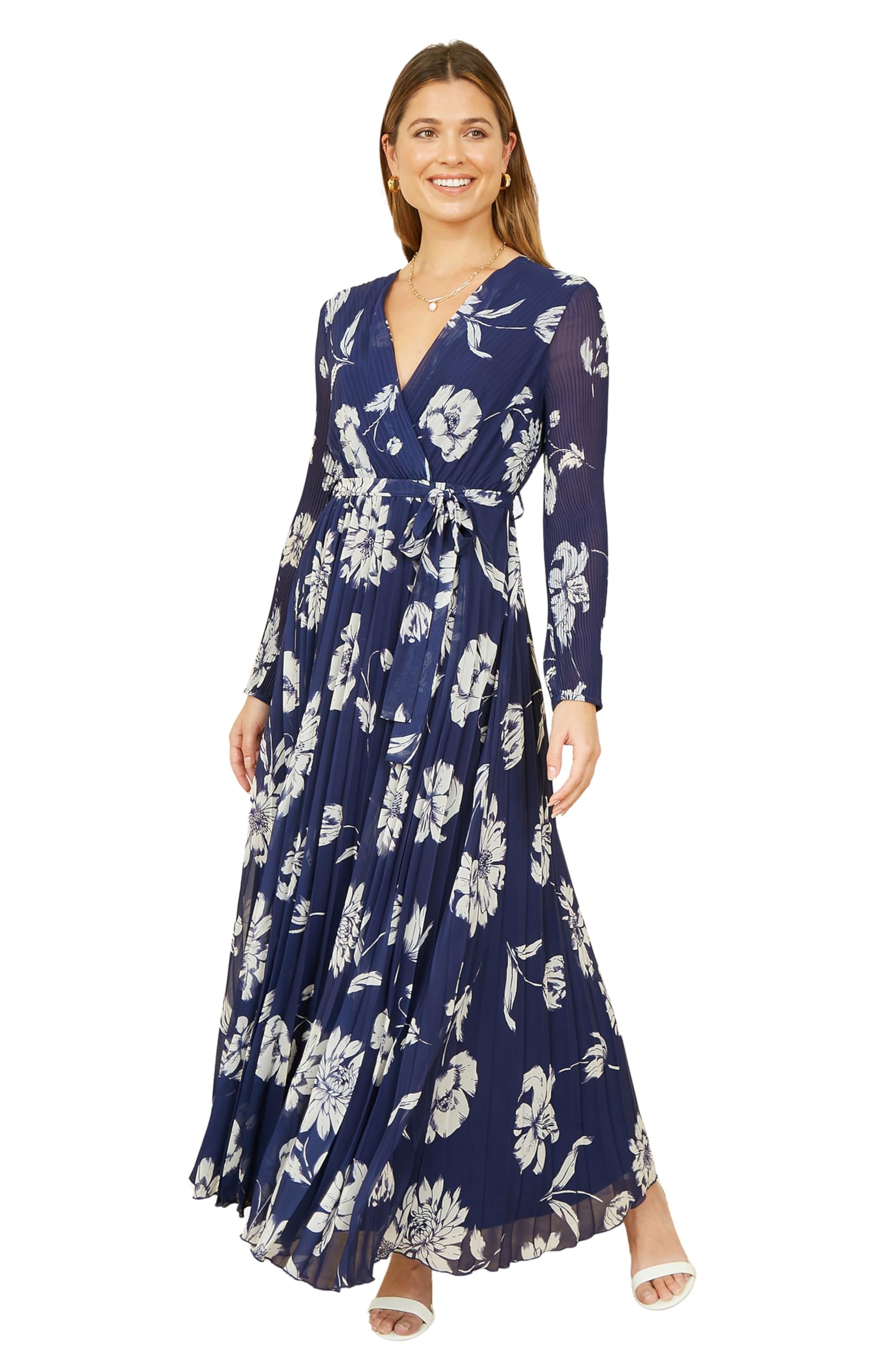 Yumi Women's Navy Floral Pleated Midi Wrap Long Sleeve Dress | Size: 8