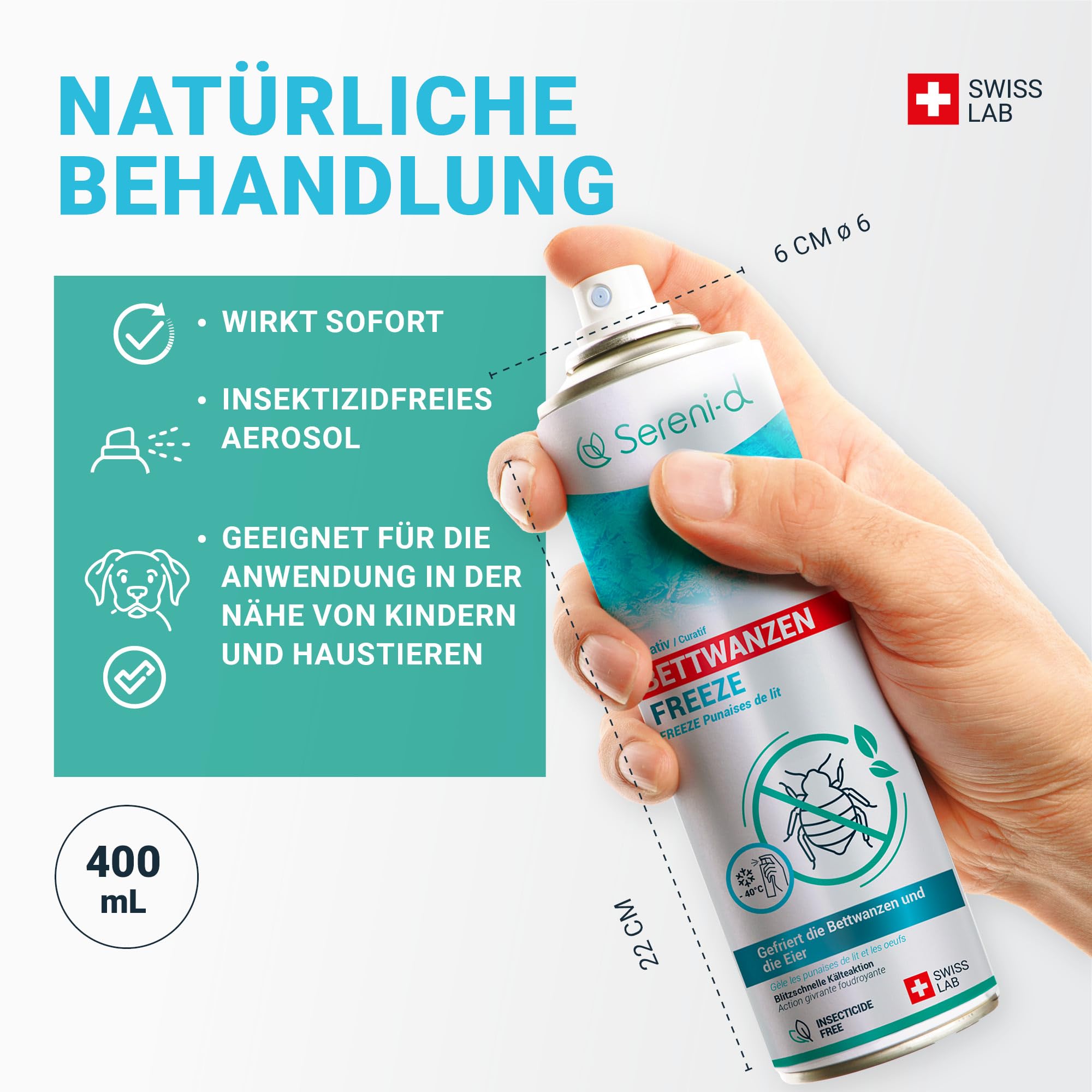 SERENI-D - Anti-Bettwanzen-Spray FREEZE – FREEZE-Aktion, sofort wirksam zur Bekämpfung von Bettwanzen - effektives Mittel gegen Bettwanzen – Swiss Lab