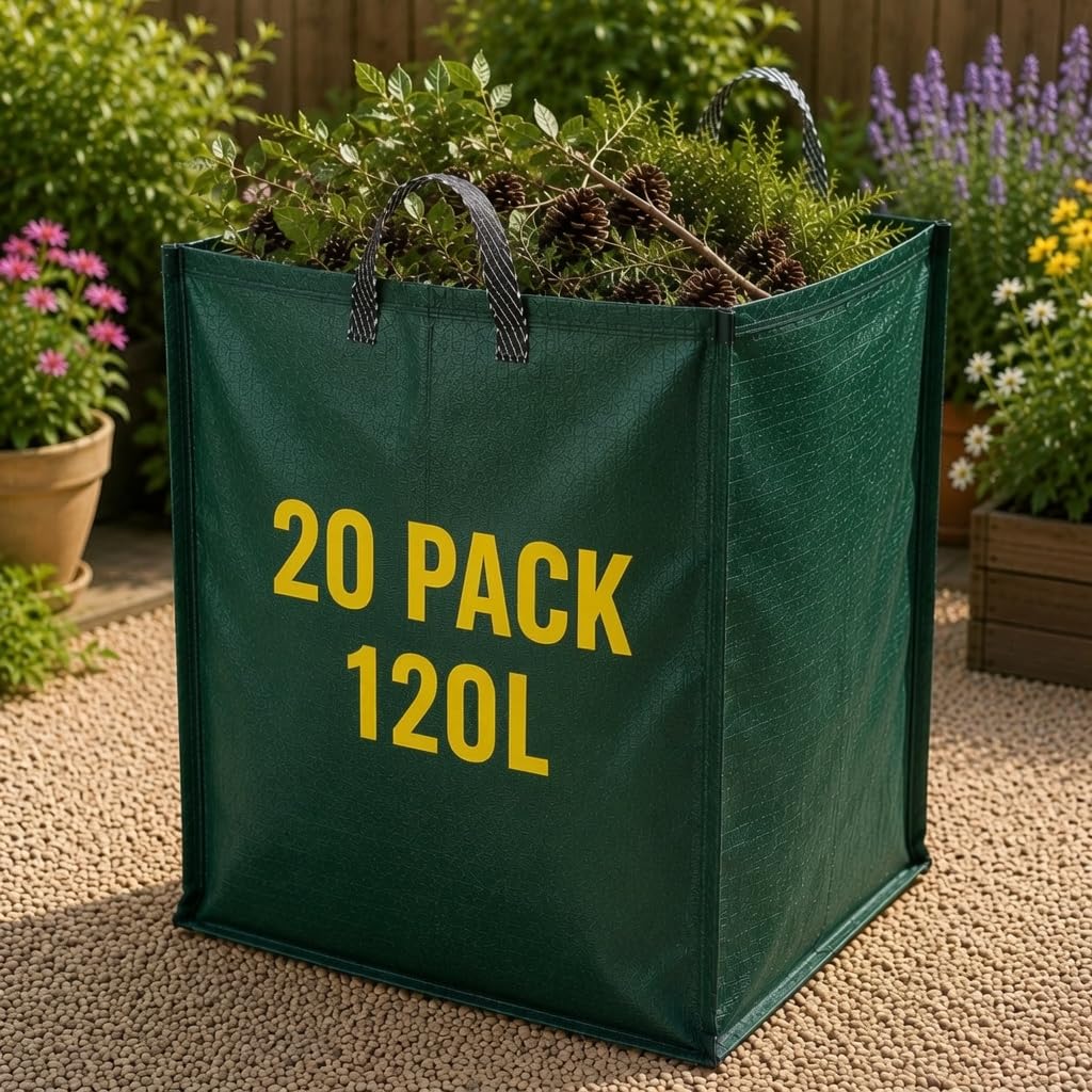 Heavy Duty Garden Waste Bags 120 Litre - Premium 150gsm Reusable Sacks with Handles, Tear & Puncture Resistant, UV Protected - 1/2/3/5/10/20/50/100 Pack (20)