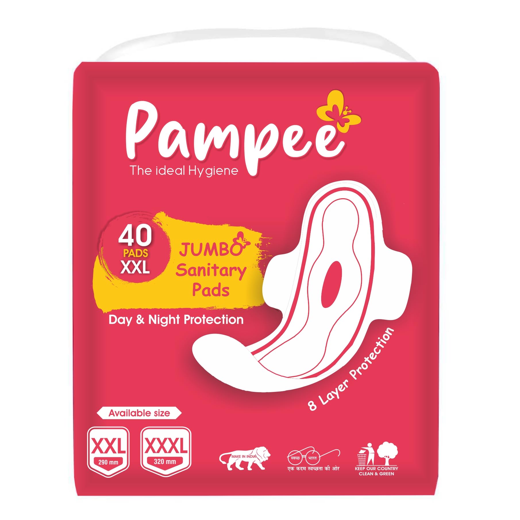 PAMPEE 40 Jumbo Sanitary Pad Napkins for Women|Quick Absorption up to 100ML|Good Flow |Leakage-Proof|XXL Pack of 40