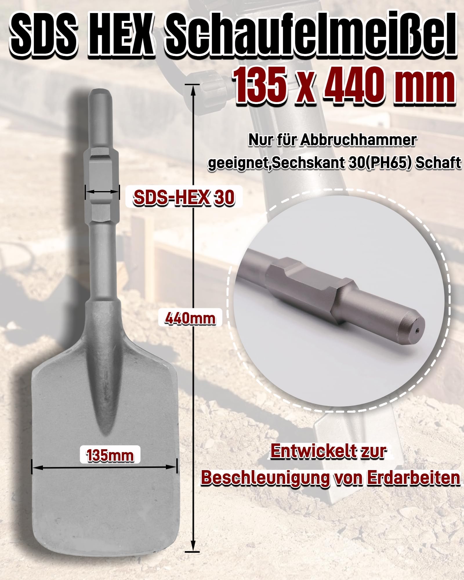 SDS HEX Schaufelmeißel 135 x 440 mm Meißel Sechskant-Aufnahme 30mm SDS HEX Breitmeißel mit Kunststoffkoffer Asphaltmeißel für Abbruchhammern Lehm Spaten von Hartem Schmutz Ton Losem Beton