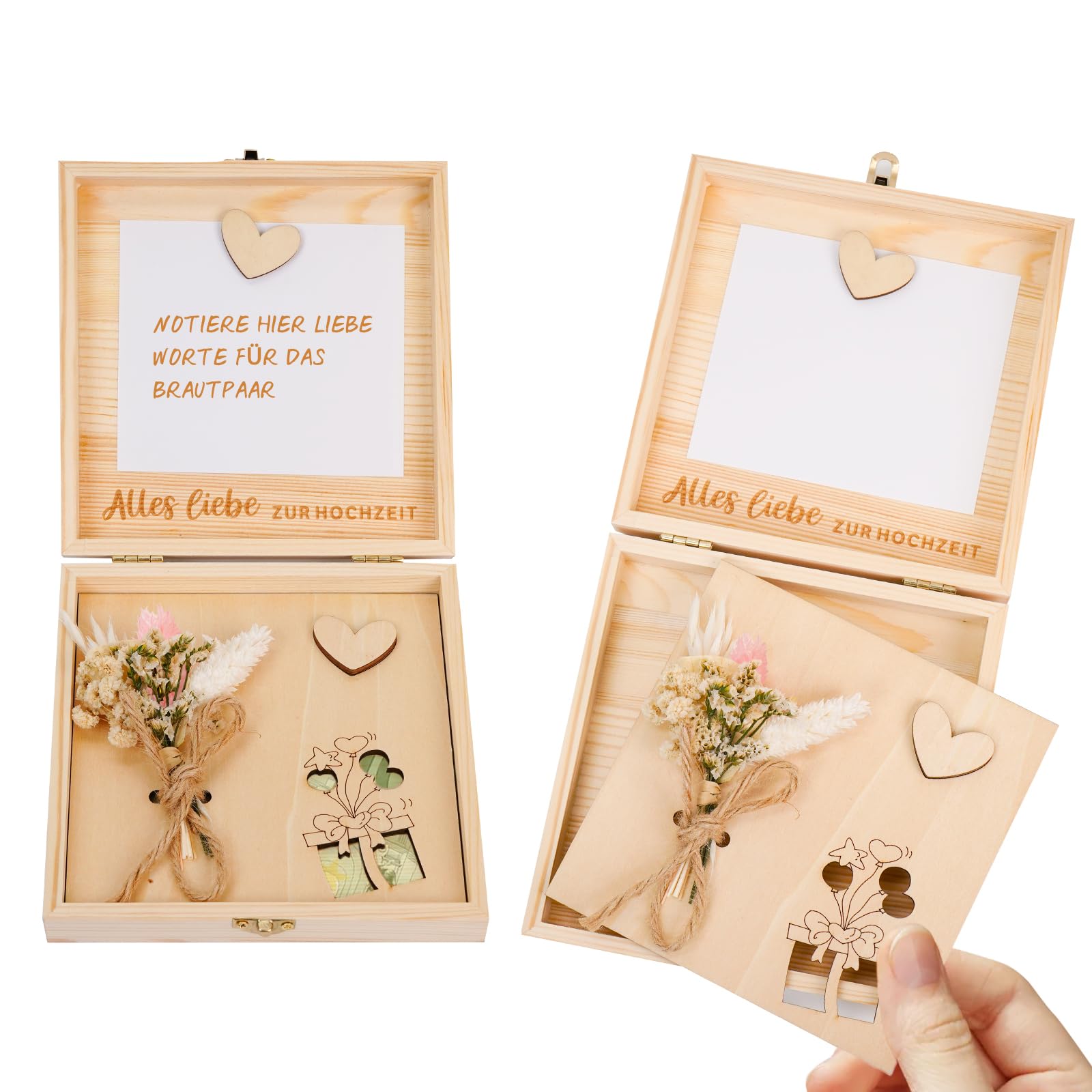 ALULU Geldgeschenk Hochzeit - Geldgeschenke zur Hochzeit, Geschenkbox aus Holz mit Grußkarte & Trockenblumen(Weißrosa), Hochzeitsgeschenk für Brautpaar
