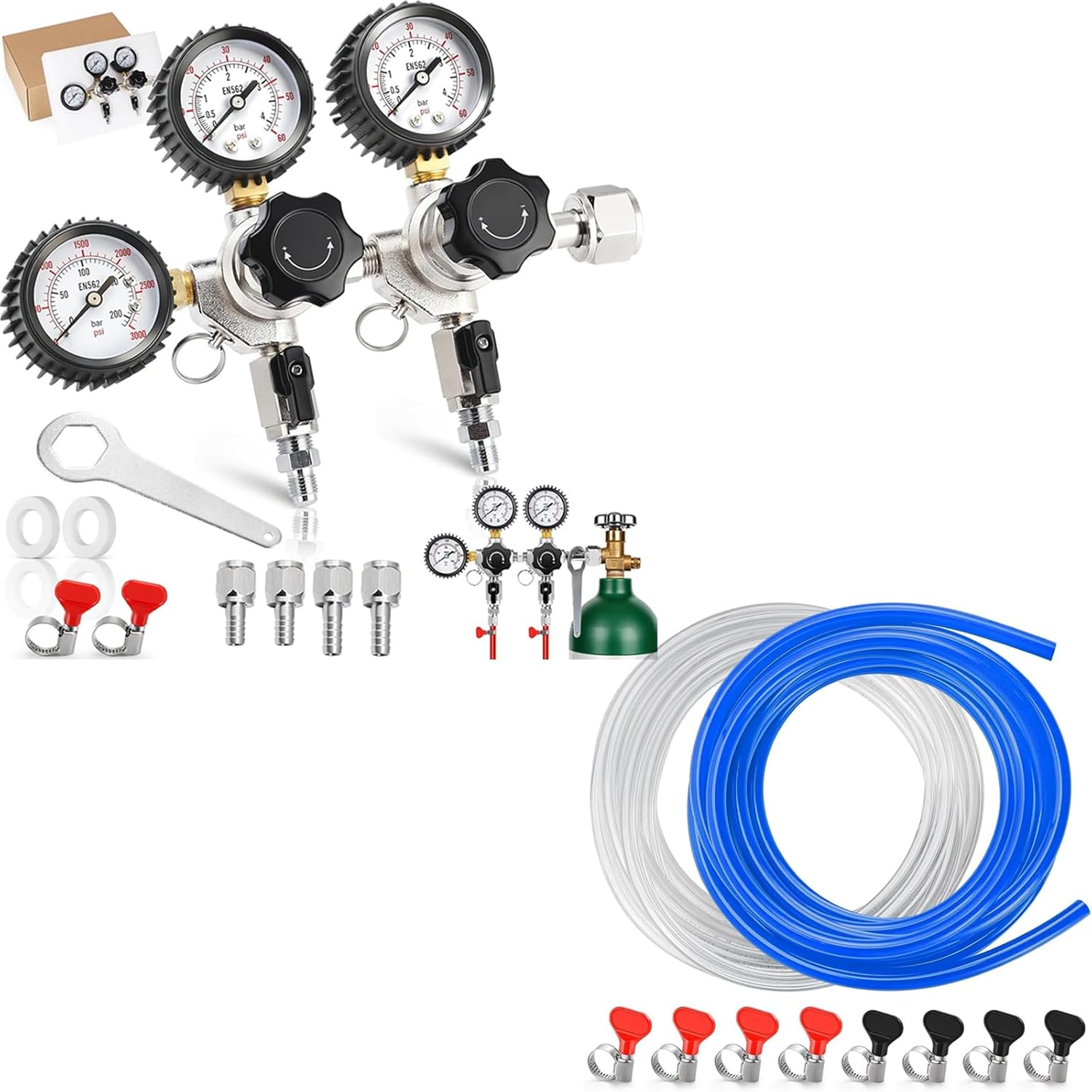 New Dual Co2 Regulator for Kegerator with Tank Wrench & 15FT Kegerator Beer Co2 Gas Line Kit for Home Brewing