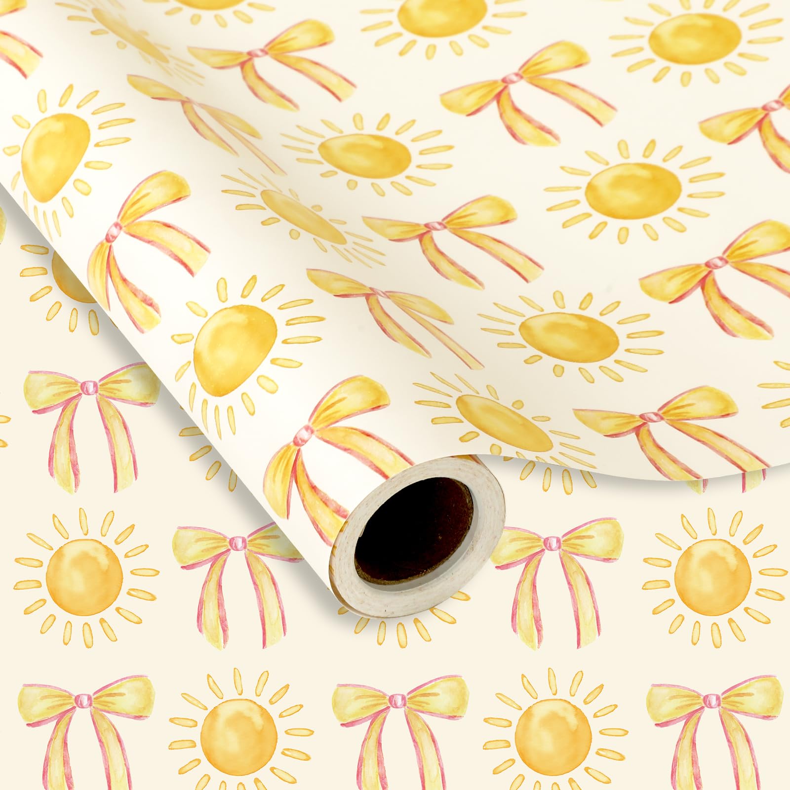 FYSUIMU Boho Sun Wrapping Paper - Mini Roll - 17 Inch x 32.8 Ft Sunshine Bow Knot Gift Wrap Paper Preppy Decorative Art Paper for Summer Coquette