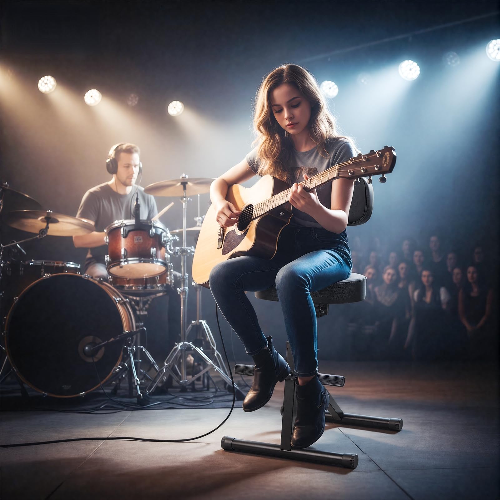 Gitarrenhocker Mit Rückenlehne Höhenverstellbarer Gitarrensitz Mit Gitarrenhalter & Fußstütze Klappbarer Stehhocker Für Akustik Bassgitarren Gitarren & Bass Zubehör Schwarz