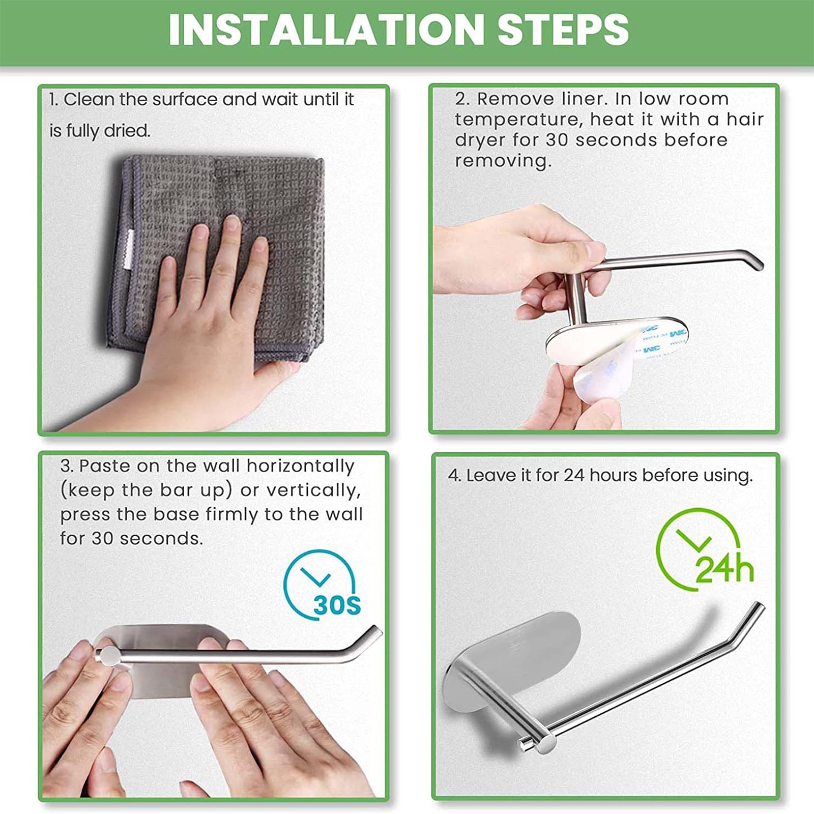 Elementos esenciales para el hogar, portarrollos de papel higiénico, portarrollos de papel higiénico negro mate, portarrollos de papel higiénico adhesivo de acero inoxidable 304 para baño, a prue