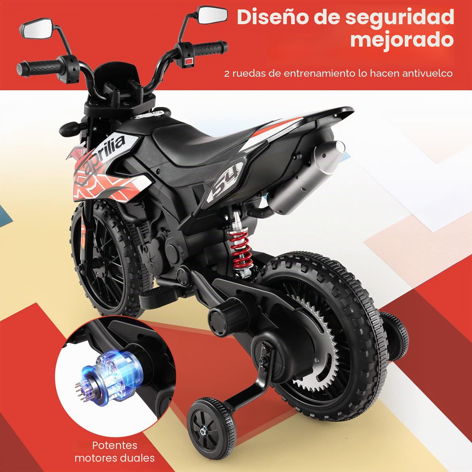 FANTASK Aprilia 12V Motocicleta Eléctrica Infantil 5,5-6 km/h, Motocicleta Infantil con Estabilizadores y Música y Faros, Rojo y Negro Motocicleta para Niños de 3 a 8 Años, Rojo