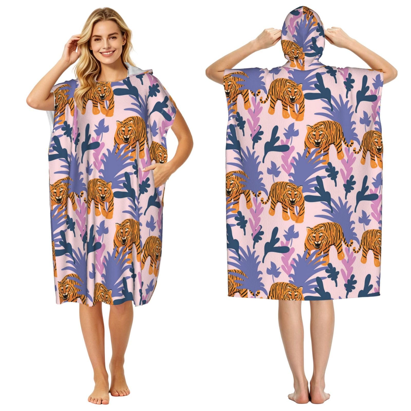 Poadnly Tigers In The Jungle, Adult Hooded Beach Towel 90 x 110 cm,Changing Bath Robe, Surf Poncho Towel For Women Men