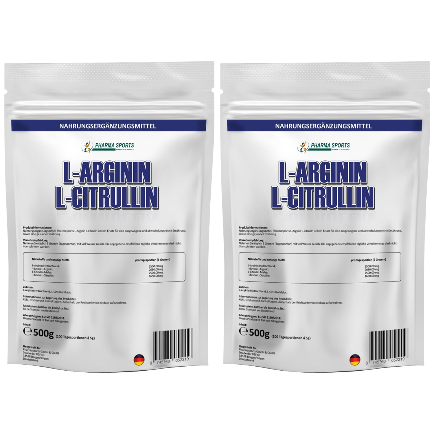 vipstar Arginin Citrullin Mix Pulver hochdosiert - 5000mg L-Citrullin Malat + L-Arginin HCL pro Portion - Fitness, Pump und Bodybuilding - 500g Premiumqualität ohne Zusätze