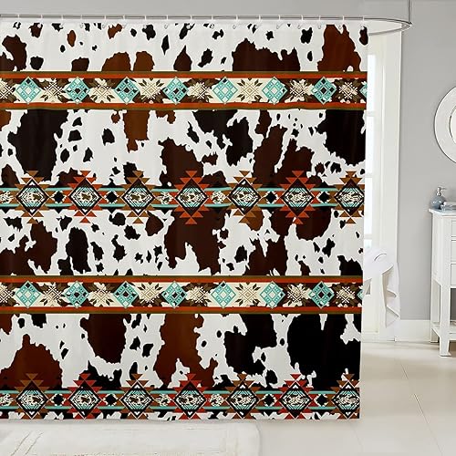 Erosebridal Cortina de baño de piel de vaca marrón con estampado de vaca alta, cortina de baño occidental exótica colgante azteca 72 pulgadas de
