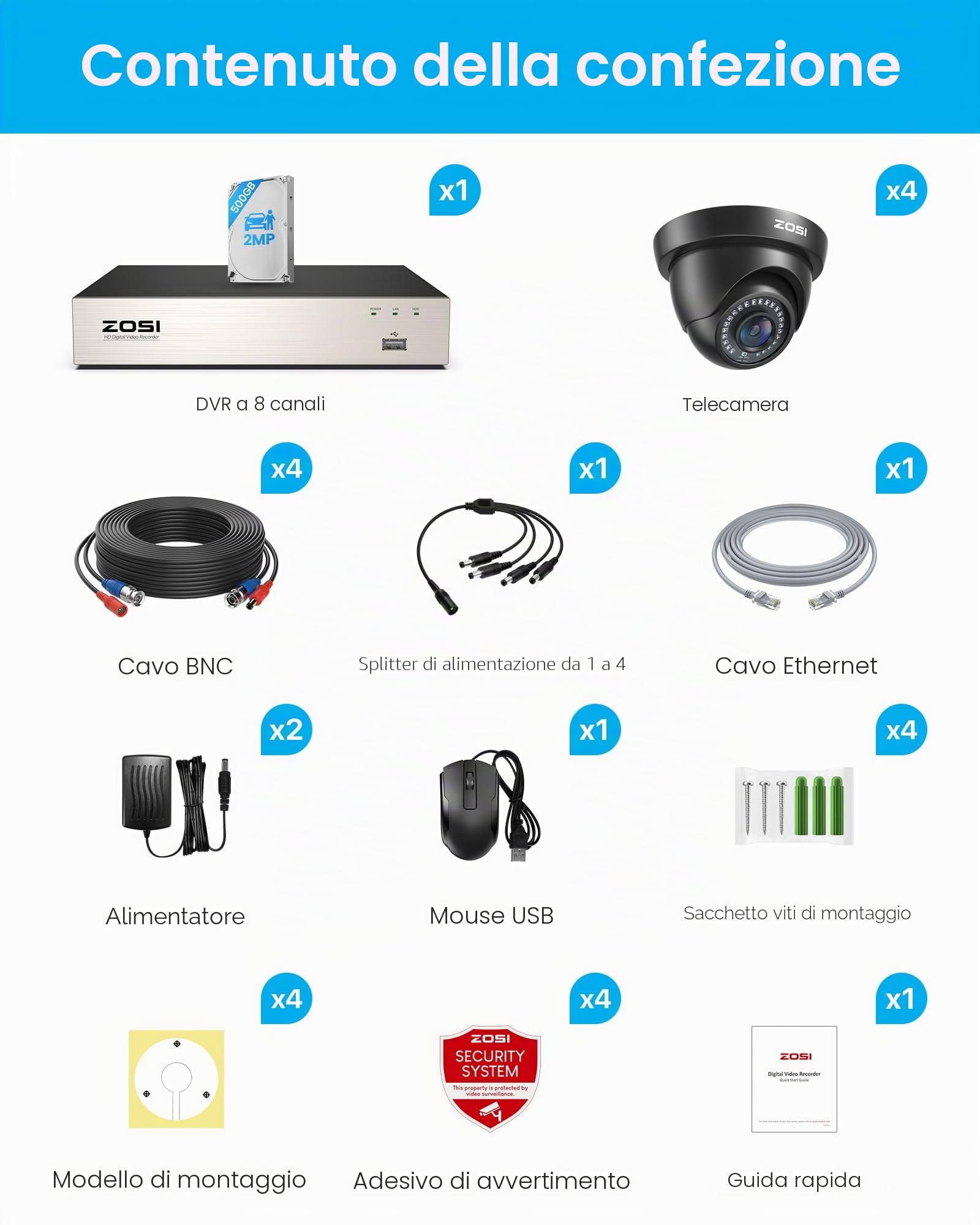 ZOSI Kit Telecamera Sorveglianza Esterna Cablata 1080P con DVR 8CH 500GB | Rilevamento di Persone/Veicoli, Visione Notturna IR 24 m, Angolo di Visione 90°, Avviso Istantaneo tramite APP gratuita
