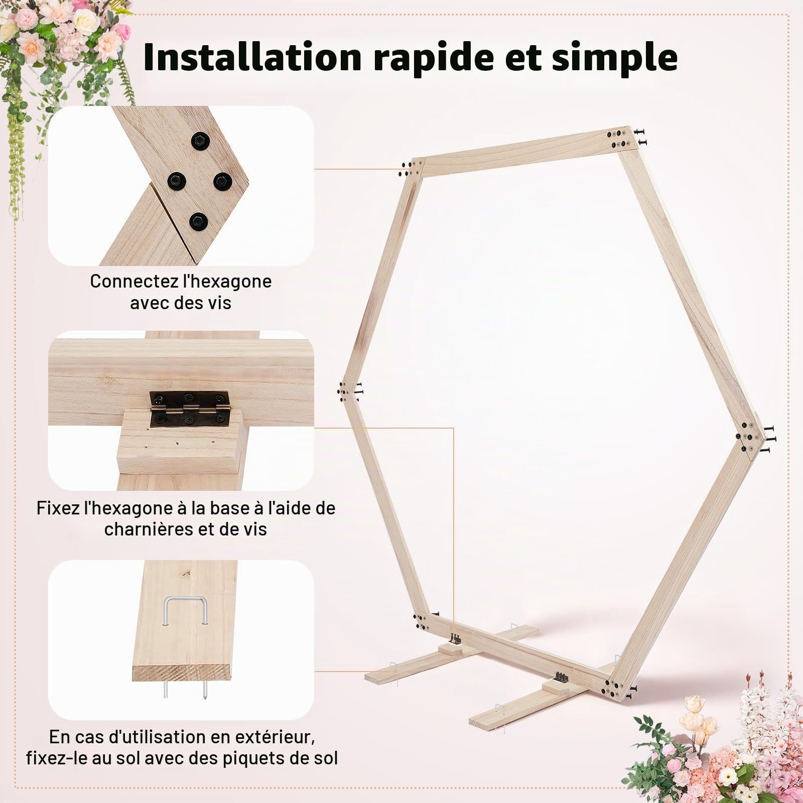Arche de mariage - Cadre hexagonal - 2,33 m - Arche de mariage - Support en bois - Pour mariages, fêtes d'anniversaire, événements commerciaux, etc