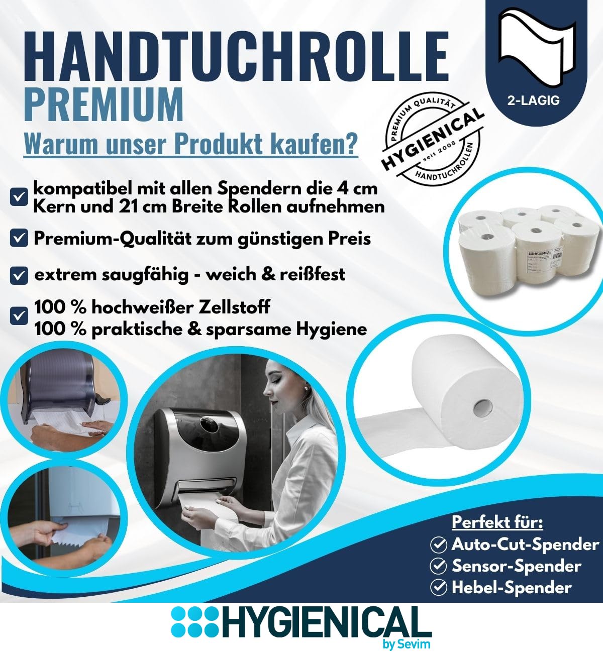6 Premium Handtuchrollen 2-lagig – 100 % Zellstoff, 21 cm breit – Für Spender mit Außenabwicklung | Weiche & saugstarke Papierhandtücher für Gastronomie, Büro & Werkstatt