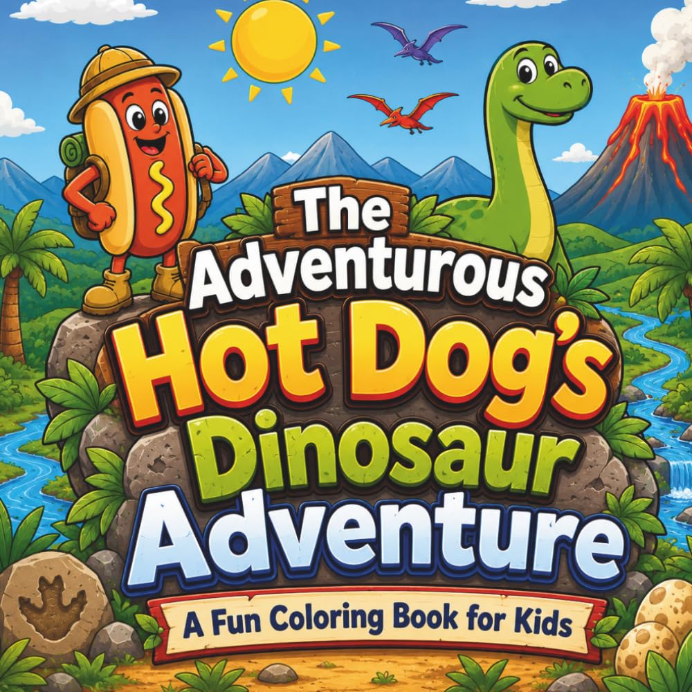 The Adventurous Hot Dog's Dinosaur Adventure: A Fun Coloring Book for Kids with Fossil Hunts, Volcanoes, Friendly Dinosaurs, and Prehistoric Adventures