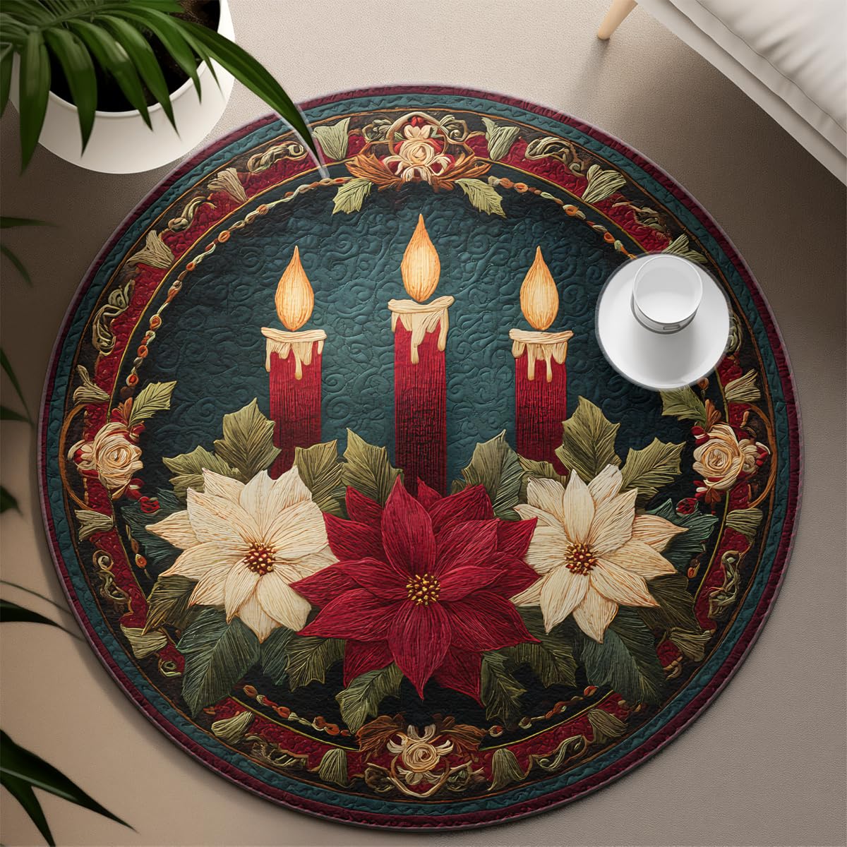 Przytulny świąteczny okrągły dywan 200 cm Vintage Boże Narodzenie świeca i okrągłe dywany poinsettia nadające się do prania cienkie maty do kuchni jadalni