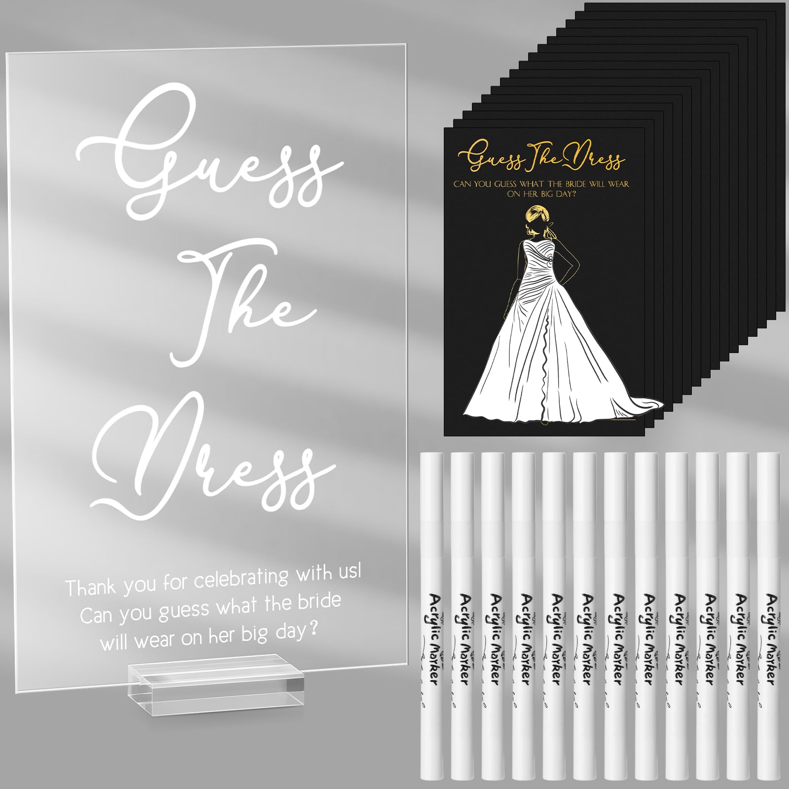 Seajan Guess the Dress Bridal Shower Game Acrylic Sign Fun Table Sign 50 Guessing Cards 20 White Acrylic Pens for Guests Wedding Party(Black Gold)